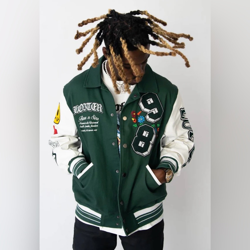 LOITER Flaws And Sins Varsity Logo Jacket size Medium Green Off White $229